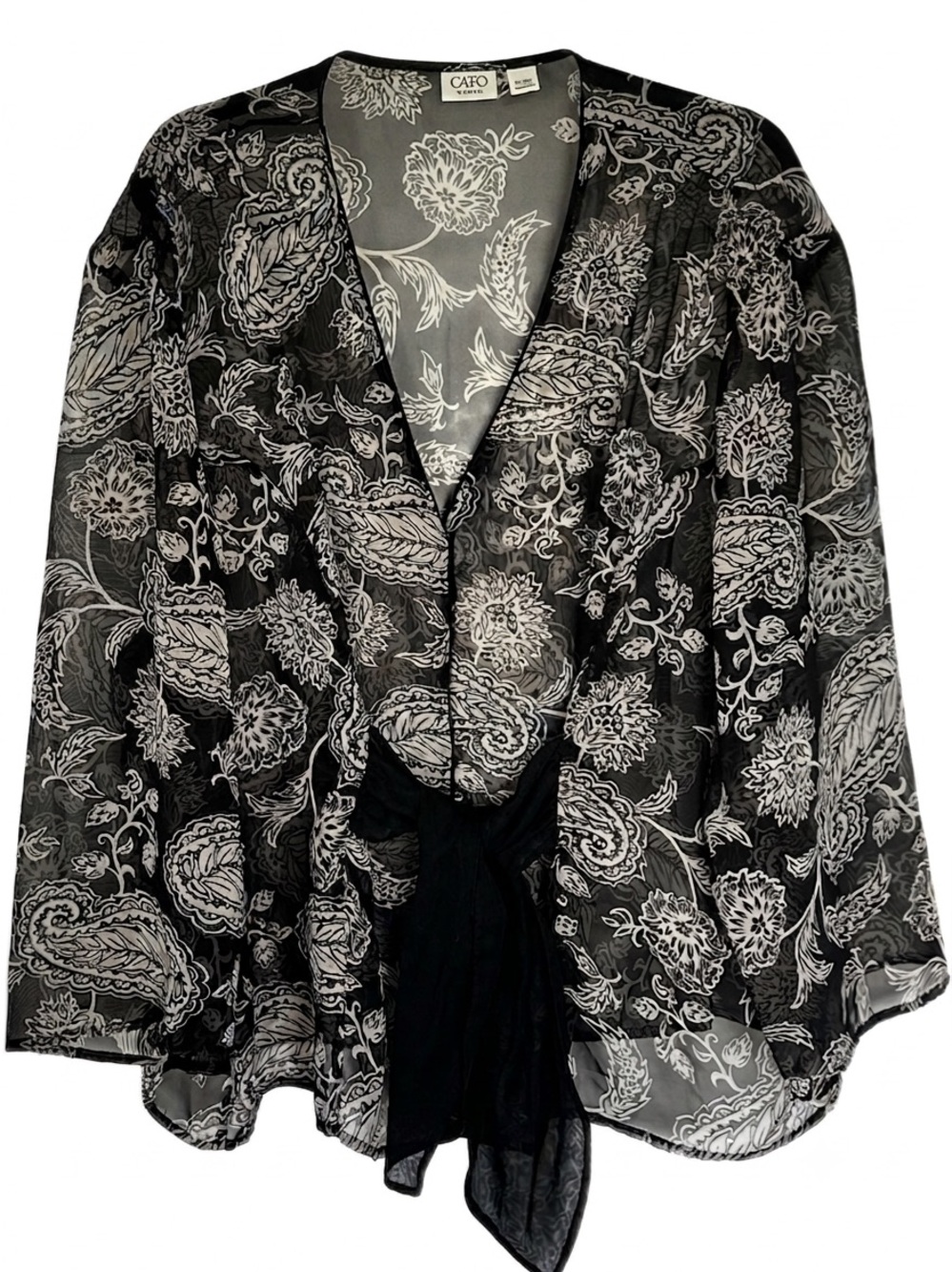 CATO Woman Blk/Wht Paisley Floral Sheer Tie-Front Kimono Cardigan Top 26W/28W